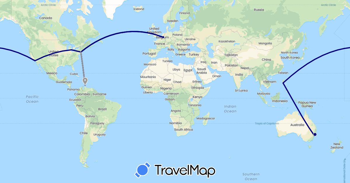 TravelMap itinerary: driving, plane in Australia, Belgium, Netherlands, Philippines, United States (Asia, Europe, North America, Oceania)